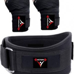 VICTORY Best Combo Fitness Gym Belt (M) Size (30-34) & Boxing Hand Wrap Black Gym & Fitness Kit