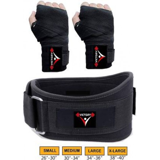 VICTORY Best Combo Fitness Gym Belt (M) Size (30-34) & Boxing Hand Wrap Black Gym & Fitness Kit