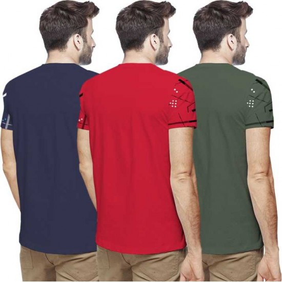 Printed Men Round Neck Dark Blue, Red, Green T-Shirt