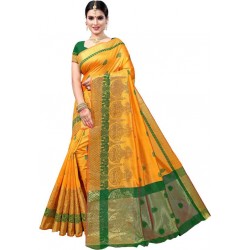 Embroidered Banarasi Tussar Silk, Cotton Blend Saree  (Yellow)
